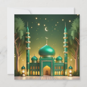 Eid Mubarak Moschee Crescent Stars Green Gold Feiertagskarte