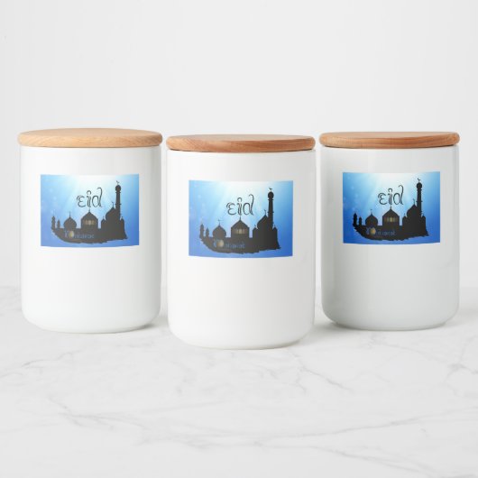 Eid Mubarak Moschee mit Typografie Lebensmitteletikett (Flaschen)