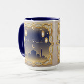Eid Mubarak Mosque Skyline Blue & Gold Mug Tasse (Vorderseite Links)