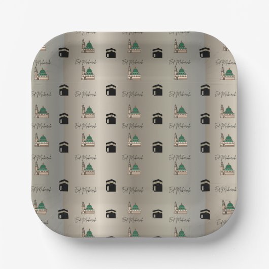 Eid Mubarak Paper Plate|Gold Kaaba & Masjid Nabawi Pappteller (Vorderseite)