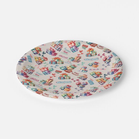Eid Mubarak Paper Plates – Colourful Gift Boxes Pappteller (Schrägansicht)