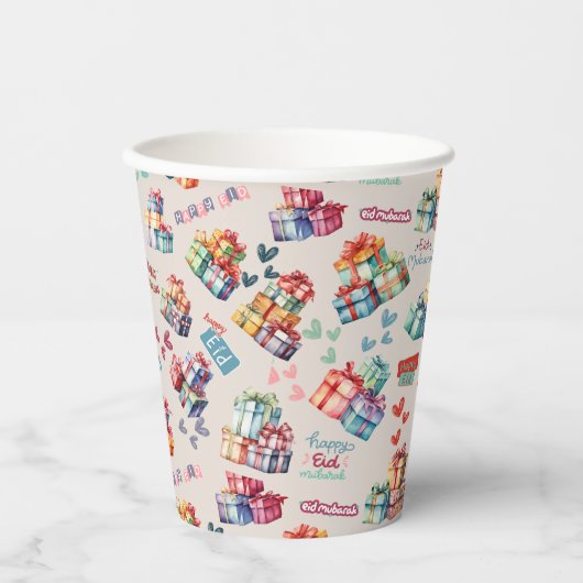 Eid Mubarak-Papierbecher – Bunte Geschenkboxen Pappbecher (Vorderseite)