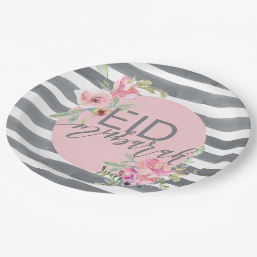Eid Mubarak Pink & Grau Floral Pappteller (Schrägansicht)