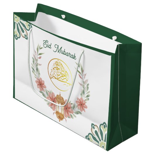 Eid Mubarak | Ramadan Blume Goldene Grüße Große Geschenktüte (Vorderseite Schrägansicht)