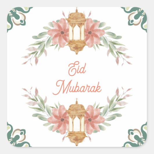 Eid Mubarak |Ramadan Mubarak Blume Wreath Lamp Quadratischer Aufkleber (Vorderseite)