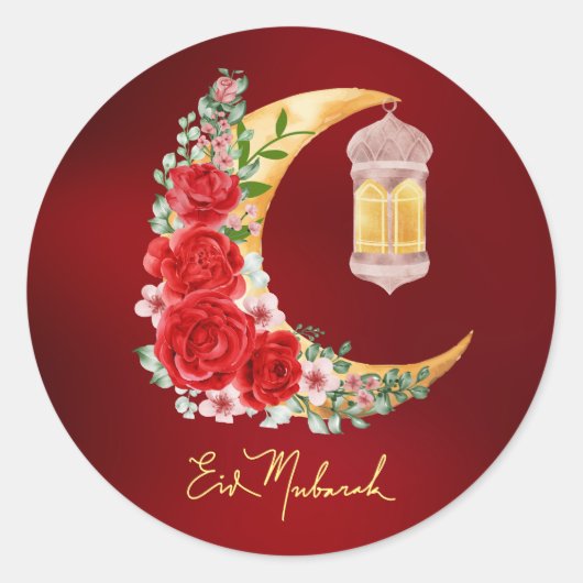 Eid Mubarak Red Floral Cresent Islamic Lantern Runder Aufkleber (Vorderseite)