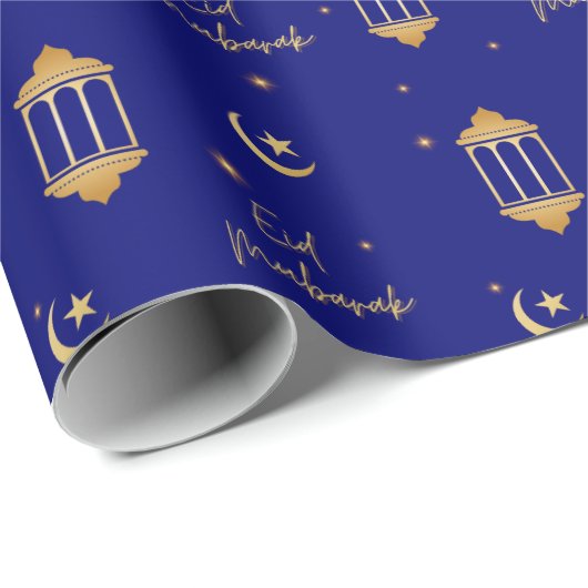Eid Mubarak Sapphire Blue + Gold Lanterns Moon Geschenkpapier (Rolleneckpunkt)