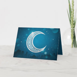 Eid Mubarak Shinnig Moon Moschee Star White Blue Feiertagskarte