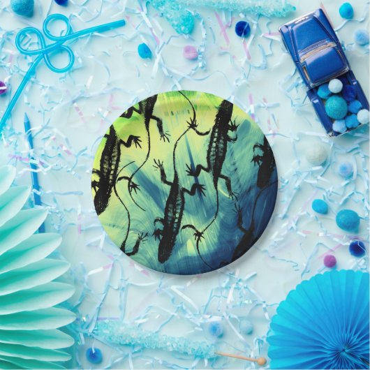 Eidechsen Schwarz-grüner Reptiliengrund Pappteller (Party)