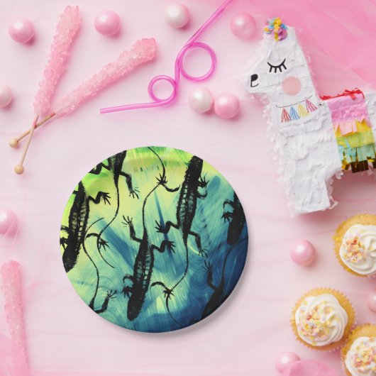 Eidechsen Schwarz-grüner Reptiliengrund Pappteller (Party)