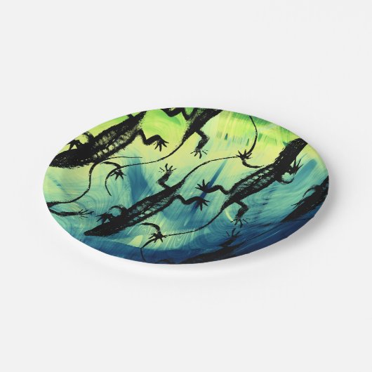 Eidechsen Schwarz-grüner Reptiliengrund Pappteller (Schrägansicht)