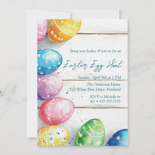 Eier auf Holzfußböden Ostereier Jagd Einladung (Vorderseite)