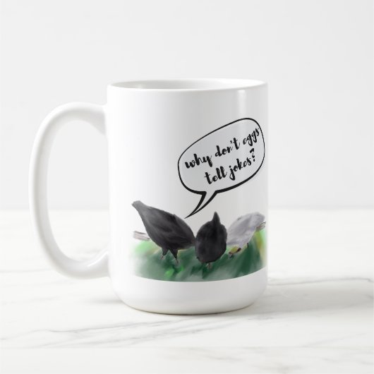 Eier Don't Tell Jokes (stilisierte Hühner & Witze) Kaffeetasse (Links)