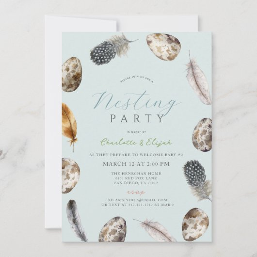 Eier & Feathers Blue Nesting Party Baby Dusche Einladung (Vorderseite)