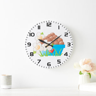 Eier in Blue Bowl mit Blume und Herz Große Wanduhr