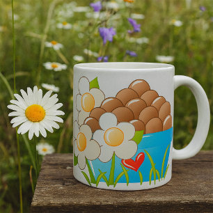 Eier in Blue Bowl mit Blume und Herz Kaffeetasse