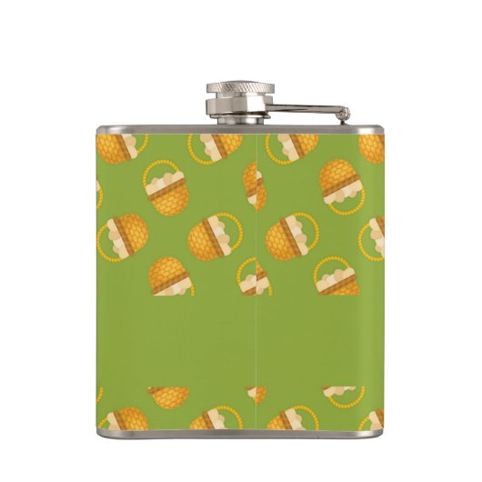 Eier in braunem Korb auf grün Flachmann (Rückseite)