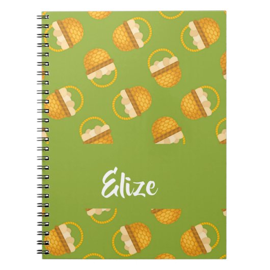 Eier in braunem Korb auf grün Notizblock (Vorderseite)