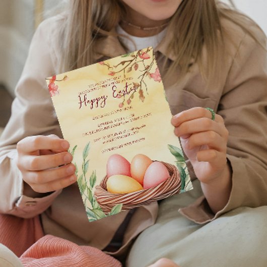 Eier in Vogelnest und blumengelb glückliche Ostern Einladung