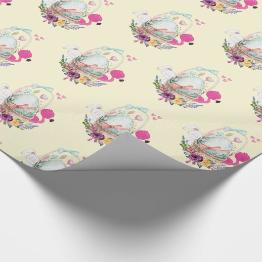 Eier, rosa Flamingo und Bunny, Wasserfarbmuster Geschenkpapier (Ecke)