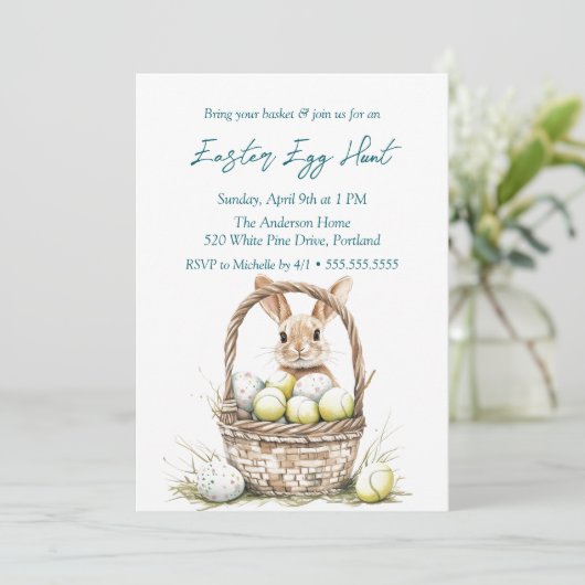 Eier und Hasen in Basket Ostereier Jagd Einladung (Stehend Vorderseite)