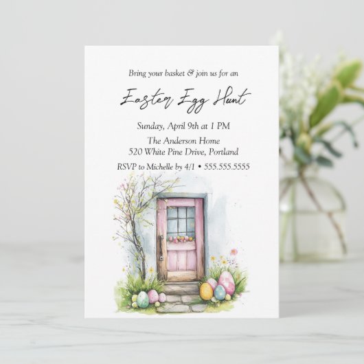 Eier vor der Tür Ostereier jagen Einladung (Stehend Vorderseite)