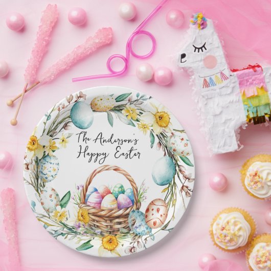 Eierkorb mit dekorativen Eiern I Blumenoster Pappteller (Party)