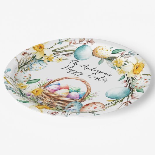 Eierkorb mit dekorativen Eiern I Blumenoster Pappteller (Schrägansicht)