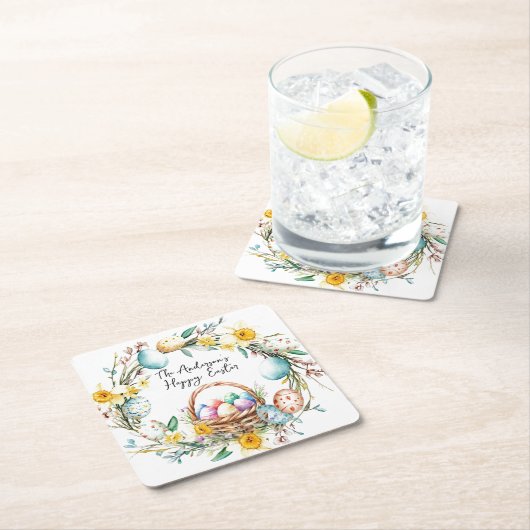 Eierkorb mit dekorativen Eiern I Blumenoster Rechteckiger Pappuntersetzer (Vor Ort)