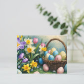 Eierkörbe und Frühlingsblumen Feiertagspostkarte (Stehend Vorderseite)