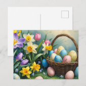 Eierkörbe und Frühlingsblumen Feiertagspostkarte (Vorne/Hinten)