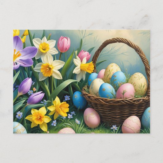 Eierkörbe und Frühlingsblumen Feiertagspostkarte (Vorderseite)