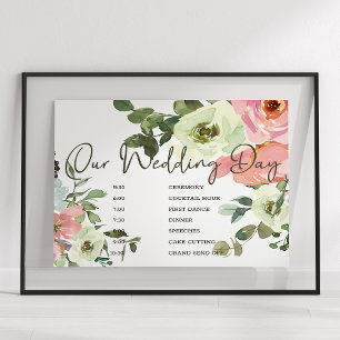 Eierschalen-Rosa-Blumen-Hochzeits-Zeitplan-Schild Poster