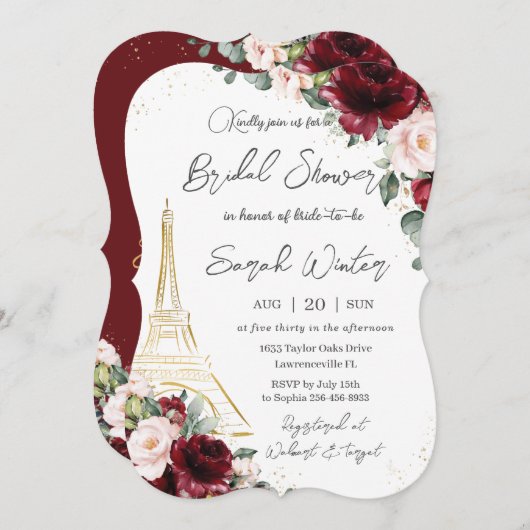 Eiffel Paris Brautparty Burgundy Blush Floral Einladung (Vorne/Hinten)