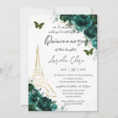Eiffel Paris Quinceañera Emerald Green Floral Einladung (Vorderseite)