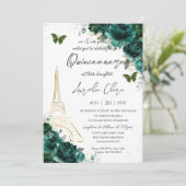 Eiffel Paris Quinceañera Emerald Green Floral Einladung (Stehend Vorderseite)