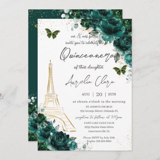 Eiffel Paris Quinceañera Emerald Green Floral Einladung (Vorne/Hinten)