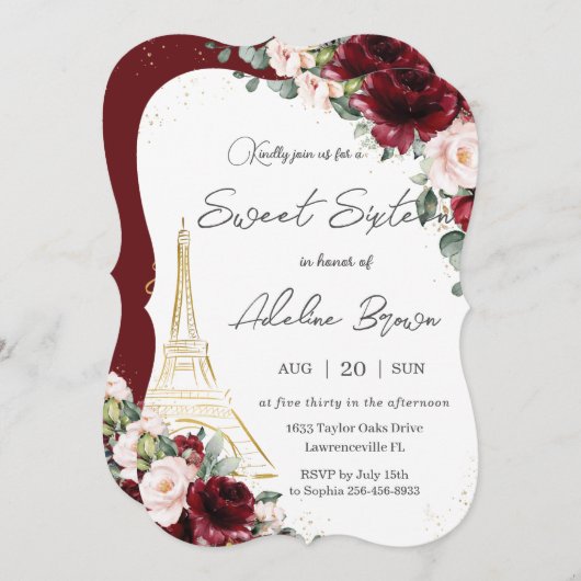 Eiffel Paris Sweet 16 Burgundy Blush Rose Einladung (Vorne/Hinten)