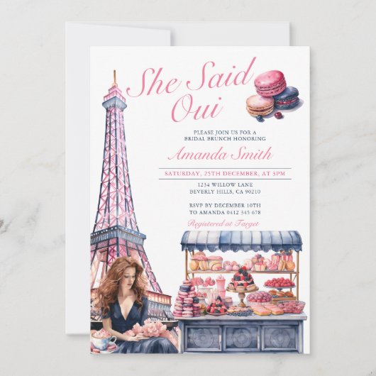 Eiffel She sagte Oui Brautparty Cafe Patisserie Einladung (Vorderseite)
