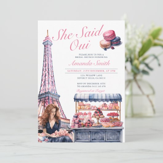 Eiffel She sagte Oui Brautparty Cafe Patisserie Einladung (Stehend Vorderseite)