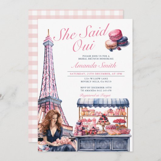 Eiffel She sagte Oui Brautparty Cafe Patisserie Einladung (Vorne/Hinten)