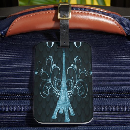 Eiffel Tower Blue Floral Wirbel Gepäckmarke Gepäckanhänger (Vorderseite Insitu 2)