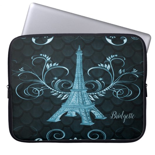 Eiffel Tower Blue Floral Wirbel Laptopschutzhülle (Vorderseite)
