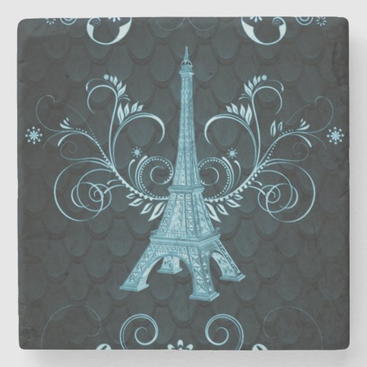 Eiffel Tower Blue Floral Wirbel Stone Untersetzer (Vorderseite)