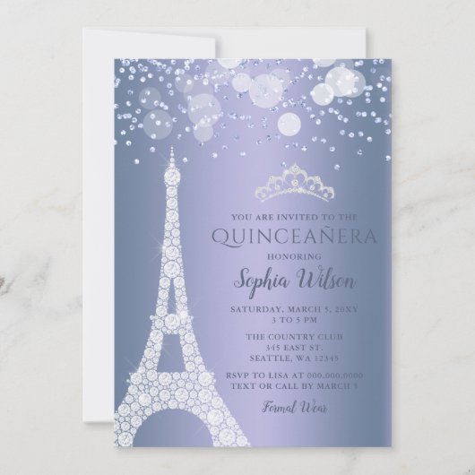Eiffel Tower Blue Sparkle Glitzer Quinceañera Einladung (Vorderseite)