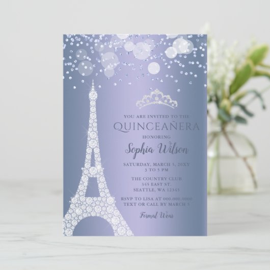 Eiffel Tower Blue Sparkle Glitzer Quinceañera Einladung (Stehend Vorderseite)
