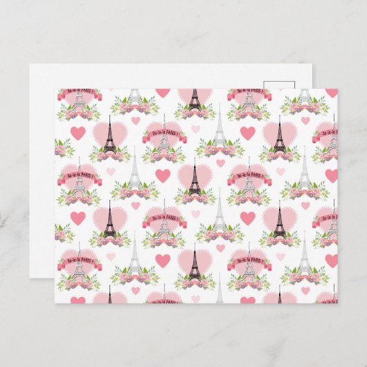 Eiffel Tower Blume Pink Hearts Paris Französisch Postkarte (Vorne/Hinten)