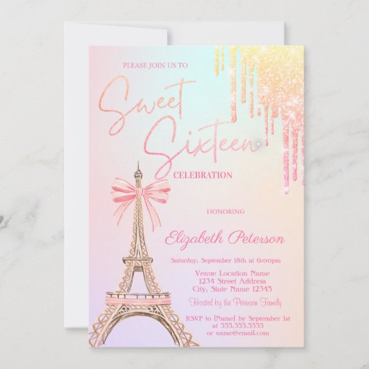 Eiffel Tower Bow Glitter Drips Sweet 16 Einladung (Vorderseite)