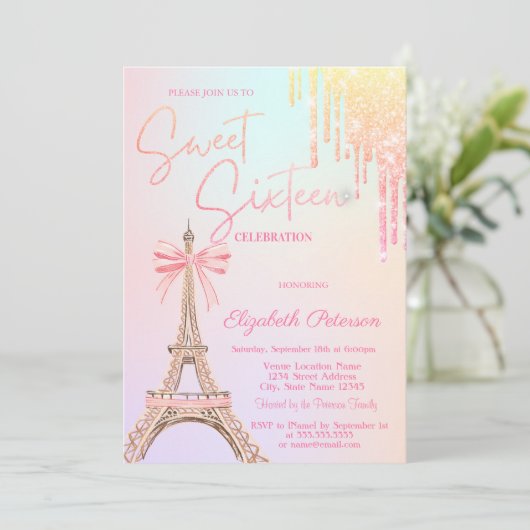 Eiffel Tower Bow Glitter Drips Sweet 16 Einladung (Stehend Vorderseite)