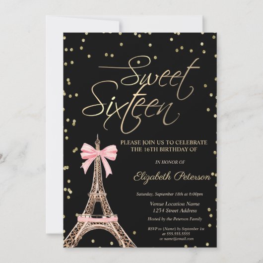 Eiffel Tower Bow Gold Diamonds Black Sweet 16 Einladung (Vorderseite)